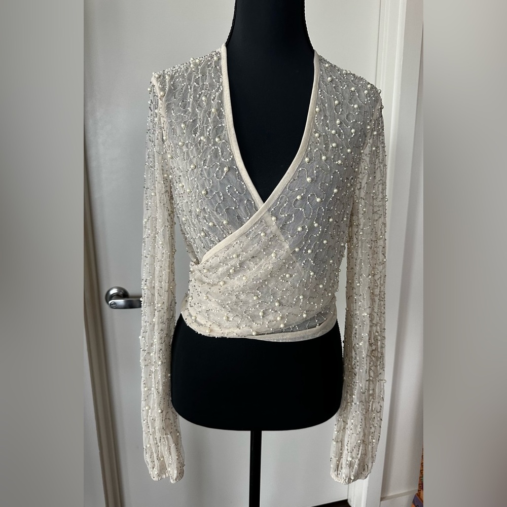 NWT ASOS Pearl and Bead Embellished Mesh Wrap Top in Ivory/Cream. Size 8.